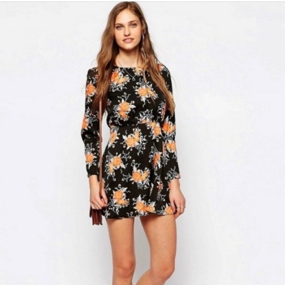 Free People Parker Dress Black Orange Floral Long Sleeve Button Back Siz…